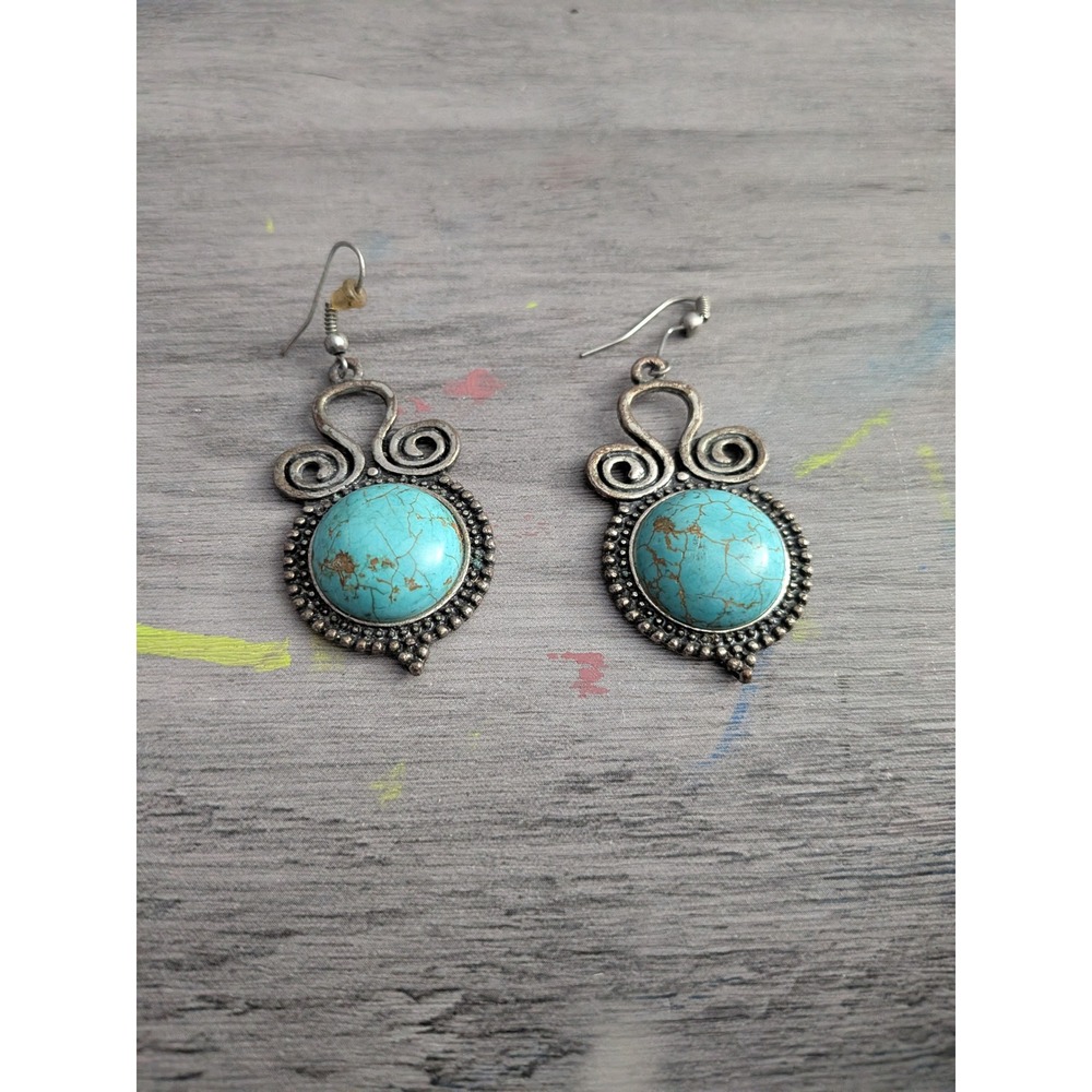 Vintage Boho Turquoise Style Silver Tone Scroll Drop Earrings Southwest Tribal